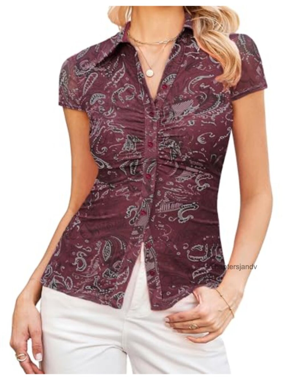 Women Mesh Floral Blouse V-Neck Front Ruching Short Sleeve